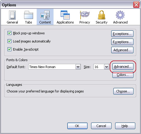 Firefox settings panel showing font and colours options