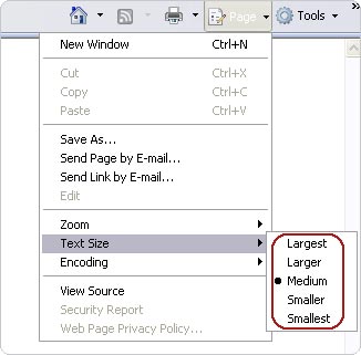 Internet Explorer text size adjustment menu