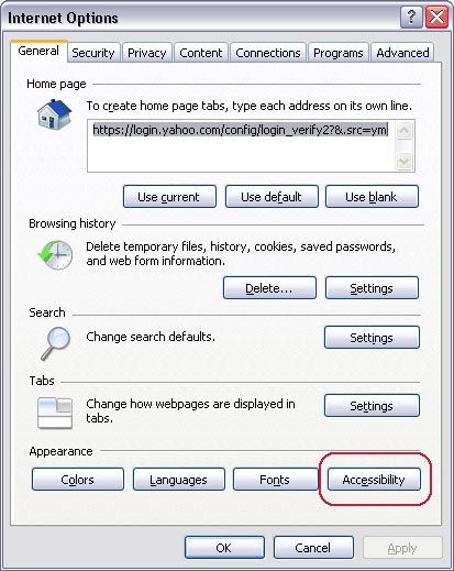 Internet Options dialog in Internet Explorer