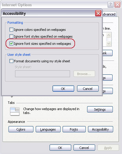 Accessibility settings showing Ignore font sizes option